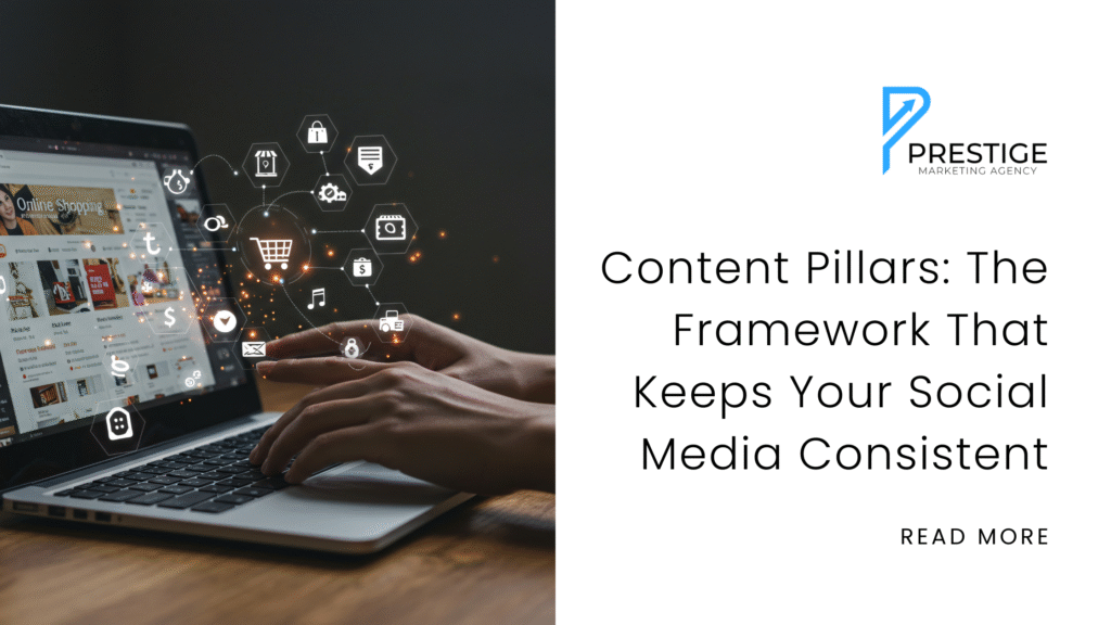 A person using a laptop with the concept of social media as icons with the business logo, blog title, and read more option.